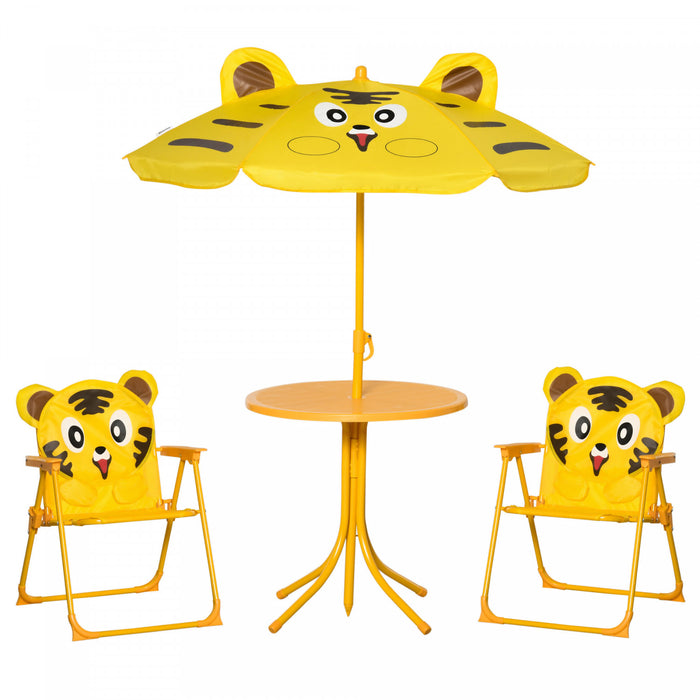 Outsunny Children Table and Chair Set Outdoor, Kids Folding Picnic Table and Chair Set with Removable & Height Adjustable Sun Umbrella for Garden Backyard, Tiger Pattern, Yellow