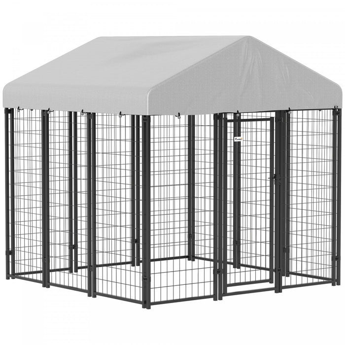 Pawhut 6' X 6' X 6' Dog Run Outdoor, Large Outdoor Dog Kennel Welded Wire Steel Fence With Uv-resistant & Waterproof Cover, Secure Lock, Silver