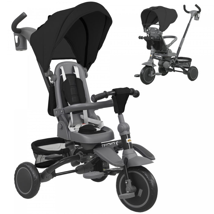 Qaba Toddler Tricycle, 6 In 1 Foldable Kids Trike With Adjustable Push Handle, Removable Canopy, Rotatable Seat, Safety Harness, Detachable Guardrail, For 1-5 Years Old, Black