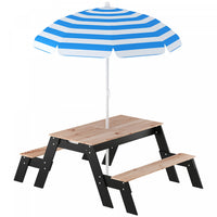 Qaba Kids Picnic Table with Umbrella, 3 in 1 Wooden Sand & Water Table with 2 Hidden Play Boxes, Kids Outdoor Activity Table and Bench Set for Backyard, Ages 3-6, Natural Wood