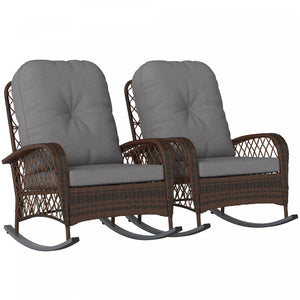 Outsunny 2 Pcs Rattan Rocking Chair With Soft Cushion For Garden, Grey