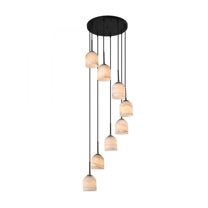 Crema 8 Light Chandelier 18.5\", Black, Brushed Brass With Alabaster Style Glass