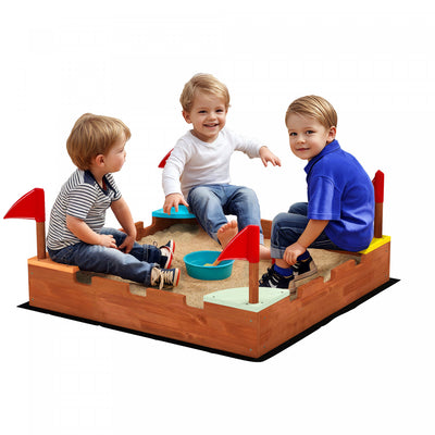 Qaba Kids Wooden Sandbox, Castle-Themed Outdoor Sand Pit with Flags, 4 Colorful Built-in Corner Seating, Ground Liner, Gift for Ages 3-7, Backyard, Wooden Brown