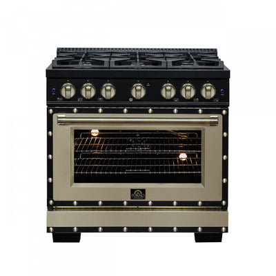 Forno Ambassador 36" Gas Range in Black, 6 Sealed Burnes, 5.2 Cu.Ft. Oven - FFSGS6299-36CPBLK | Cuisiniere a gaz Ambassador de 36 po, noire, 6 bruleurs scelles, four de 5,2 pi³ – FFSGS6299-36CPBLK