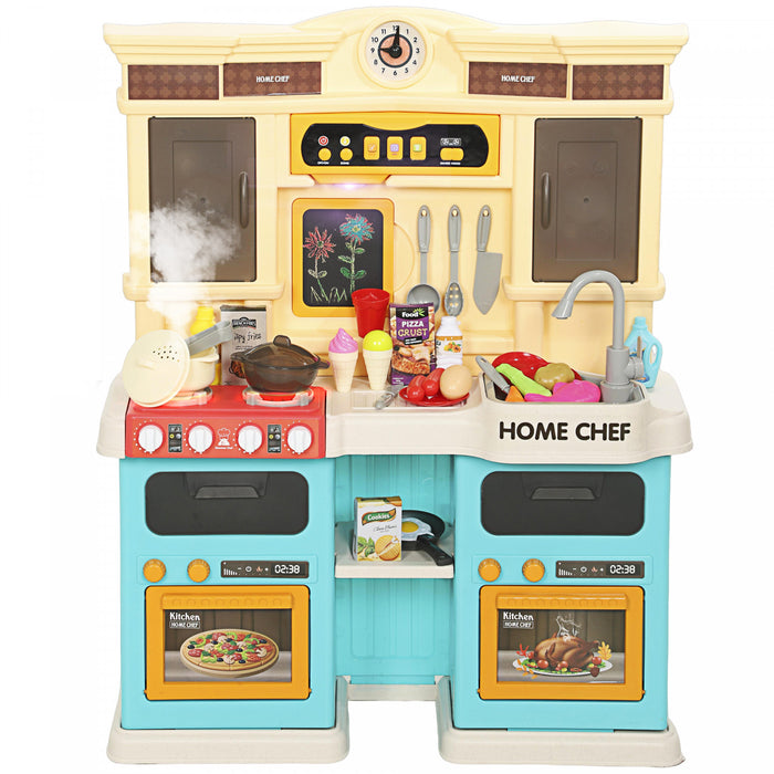 Qaba Kids Kitchen Playset for Toddler, Play Kitchen Set with Real Lights and Sounds, Sink, Stove, Clock, Cookware Accessories, Play Food Set for Aged 3-6 Years Old, Green