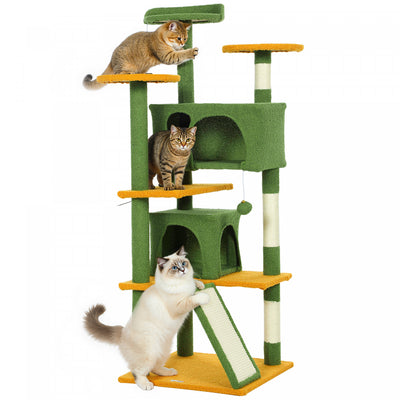 PawHut 54" Cat Tree, Cat Tower for Indoor Cats with Scratching Posts, Cat Condos, Bed, Platforms, Ramp, Toy Ball, Cat Activity Center, Green