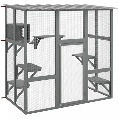 Pawhut Catio Outdoor Cat Enclosure, Wooden Outdoor Cat House Window Box With Weatherproof Roof, Brid|Pawhut Catio Enclos D'exterieur Pour Chat En Bois Avec Toit Resistant Aux Intemperies, Pont, Boite D
