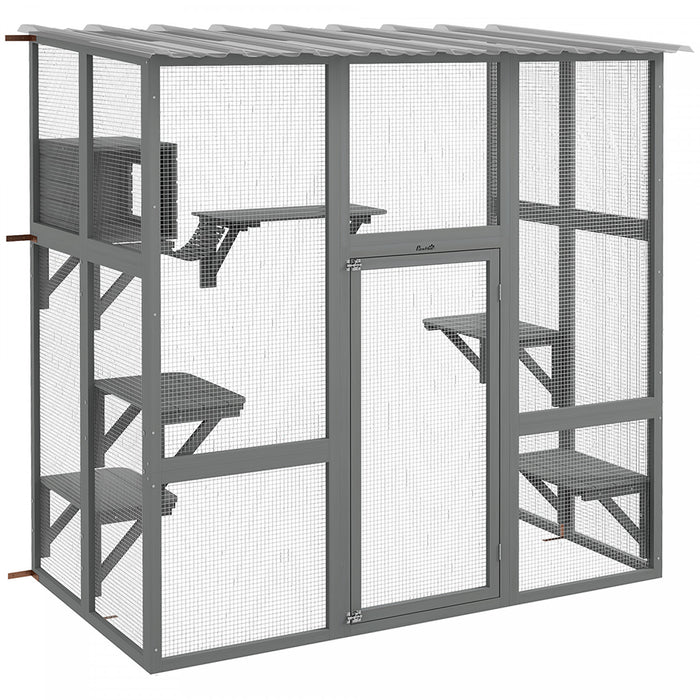 Pawhut Catio Outdoor Cat Enclosure, Wooden Outdoor Cat House Window Box With Weatherproof Roof, Bridge, Resting Box, Platforms, Cat Cage For 2 Kittens, Grey