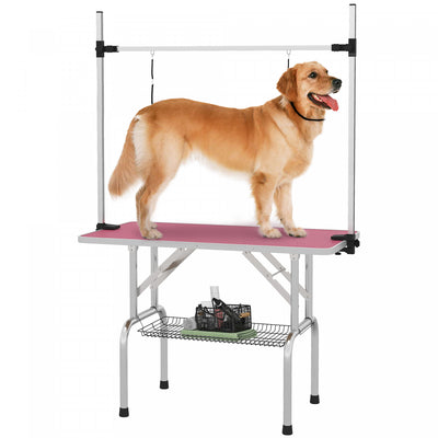 Pawhut Adjustable Dog Grooming Table Rubber Top 2 Safety Slings Mesh Storage Basket Heavy Metal Pink|Pawhut Table De Toilettage Reglable Pour Chien, Dessus En Caoutchouc, 2 Sangles De Securite, Panier