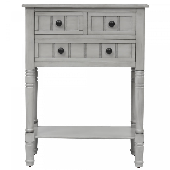 Olivia Solid Wood Console Table With Drawers And Bottom Shelf - Grey