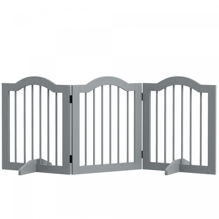 Pawhut Freestanding Pet Gate For Dogs 24\" Tall Foldable Dog Gates Indoor Wooden Barrier 3 Panels With 2 Support Feet, For Doorway Stairs, Light Grey