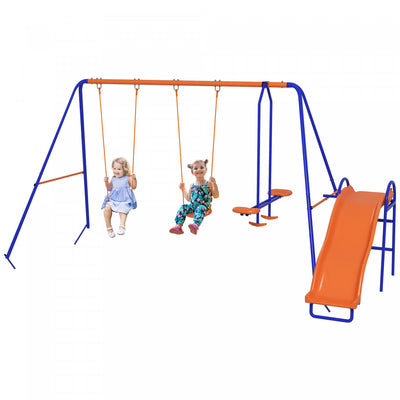 Outsunny 4 In 1 Metal Swing Set With Double Swings, Glider, Slide, Ladder, Kids Swing Set For Backya|Outsunny 4 En 1 Metal Swing Set Avec Double Balancoire, Planeur, Toboggan, Echelle, Kids Swing Set P