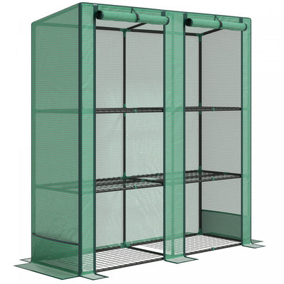 Outsunny Lean-to Mini Greenhouse With 3 Tier Shelves, Roll-up Doors, Green|Outsunny Mini Serre Adossee Avec Etageres A 3 Niveaux, Vert