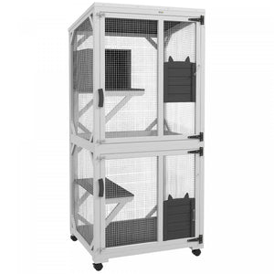 Pawhut Outdoor Cat House, Large Catio Wooden Kitten Enclosure Elevated Design, With Wheels, Resting Box, Water-resistant, Multi Platforms, For 1-3 Cats, White & Grey