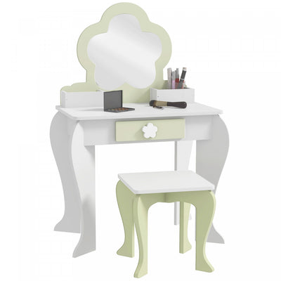 Qaba Kids Vanity Set With Mirror And Stool, Makeup Vanity Table For Children 3-6 Years Old, With Dra|Qaba Coiffeuse Pour Enfants Avec Miroir Et Tabouret, Coiffeuse Pour Filles Avec Tiroir, Boites De Ra