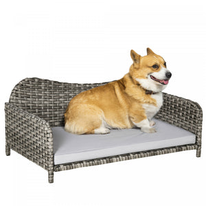 Pawhut Rattan Pet Sofa For Large & Medium Dogs, Indoor & Outdoor Raised Wicker Dog Bed, Cat Couch, With Soft Washable Cushion, Light Grey