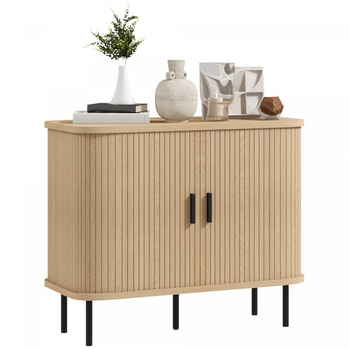 HOMCOM 35.4\" Sideboard Buffet Cabinet, Slatted Kitchen Storage Cabinet, Oak