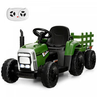 Costway 12v Kids Ride On Tractor With Trailer Ground Loader W/ Rc & Lights Dark Green