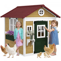 Outsunny Kids Outdoor Indoor Playhouse, Wooden Toddlers Large Pretend Play Equipment or Chicken Coop with Door, Windows, Planter Pots, Gift Toys for Children 3-8 Years, Beige