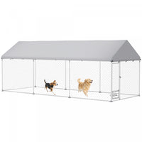 Pawhut Outdoor Dog Kennel With Roof, Heavy Duty Dog Run Outdoor Fence Cage With Adjustable & Rotating Bowls, Waterproof Uv-resistant Cover, Secure Lock, 19.7' X 7.5' X 7.5'