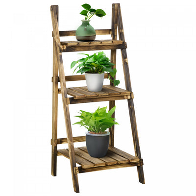 Outsunny Outdoor Plant Stand, Foldable Flower Stand 3-tier Wooden Plant Shelf For Garden Indoor Outd|Outsunny - Support De Plantes Sureleve En Bois Rustique A 3 Niveaux, Avec Un Fond A Lattes Et Un Des