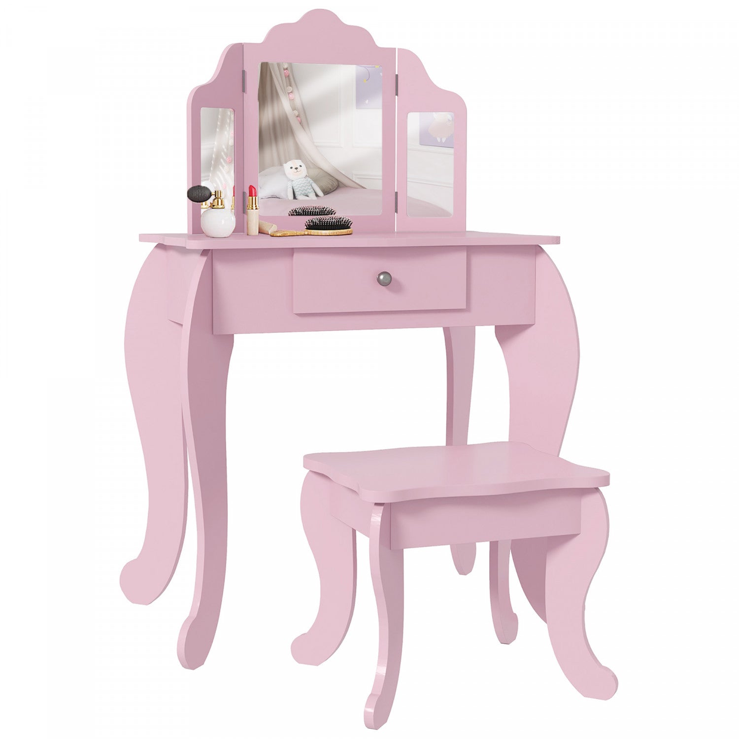 Qaba Kids Vanity Table And Stool, Makeup Vanity Girls Dressing