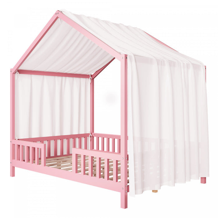 Paul Montessori Floor Bed with Canopy and High Railings,Full Size, Pink Full Bed