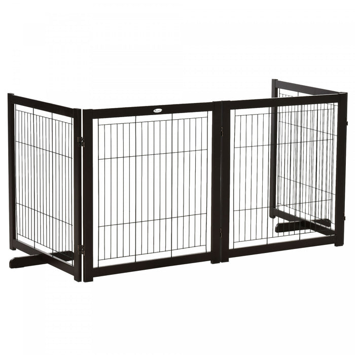 Pawhut Wooden Dog Gate Foldable Pet Fence For Small & Medium Dogs 4 Panel With Support Feet Freestanding Safety Barrier For House Doorway Stairs Coffee