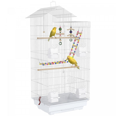 PawHut 39" Bird Cage for Budgie, Cockatiel, Conure, Small Birds, Parrot Cage with Ladder, Swing, Toys, Perches, Tray, Feeding Bowls, Handle, White