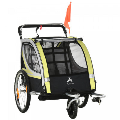 Aosom 2-in-1 Bike Trailer For Kids 2 Seater, Baby Stroller With Brake, Storage Bag, Safety Flag, Ref|Aosom Remorque Velo Enfant 2 En 1, Poussette Bebe Avec Frein, Sac De Rangement, Drapeau De Securite,