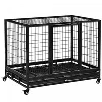 Pawhut Heavy Duty Dog Crate Cage For Large Dogs Cats With Two Doors, Lockable Wheels, Removable Tray