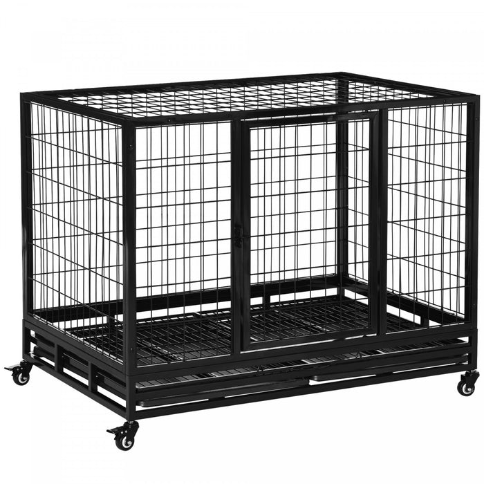 Pawhut Heavy Duty Dog Crate Cage For Large Dogs Cats With Two Doors, Lockable Wheels, Removable Tray, 43\" X 30\" X 34.5''