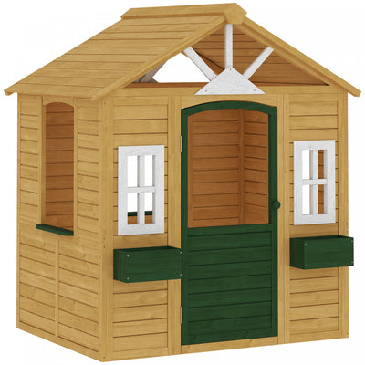 Qaba Outdoor Playhouse, Wooden Kids Playhouse with 3 Windows, Working Door and 2 Flower Boxes, Kids Cottage for Indoor Playroom, Garden Imaginative Play, Ages 3–8, Brown