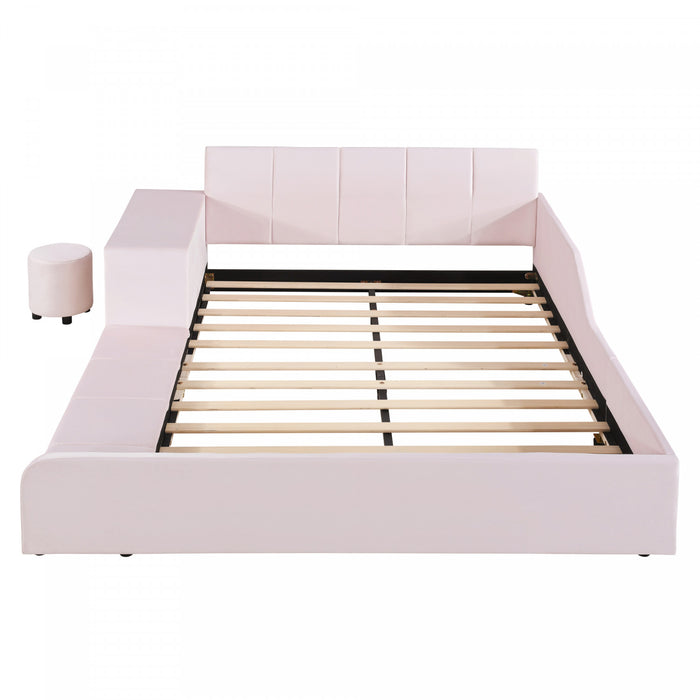 Lily Velvet Upholstered Grounded Bed with Desk and Stool,Full Size,Pink Full Bed