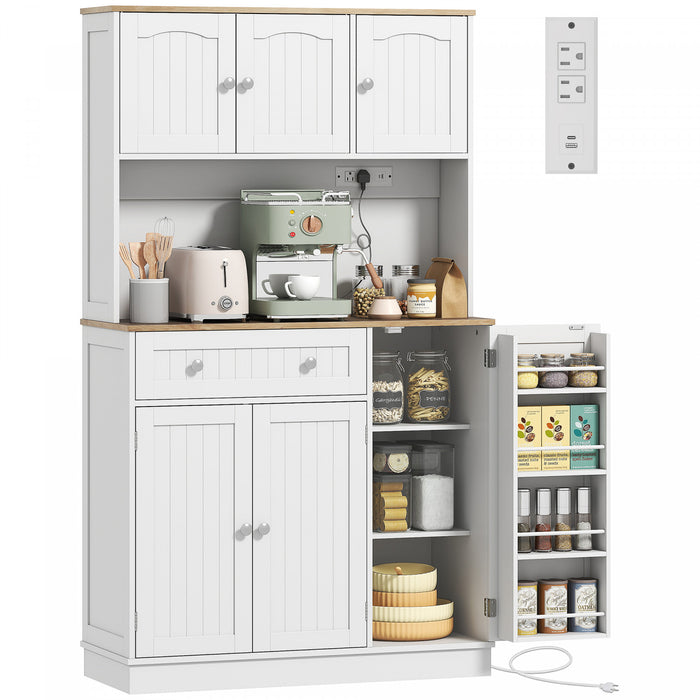 HOMCOM 68\" Pantry Cabinet, Kitchen Cupboard with Charging Station, White
