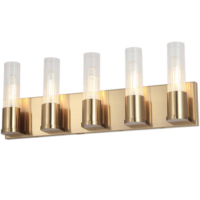 Dainolite Tube 5 Light Vanity Light Aged Brass Clear Fluted Glass Lamp|Lumière de coiffeuse Tube de Dainolite en verre cannelé transparent, avec fini laiton vieilli et 5 ampoules