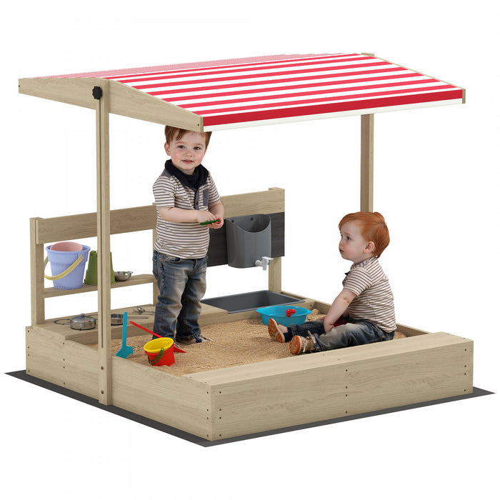 Outsunny Kids Sandbox with Cover, Wooden Sand Box with Adjustable Cover, Kitchen Playset Toys, Seat, Storage, Outdoor Sand Play for 3-7 Years Old, 45 x 43 x 43inch, Natural Wood