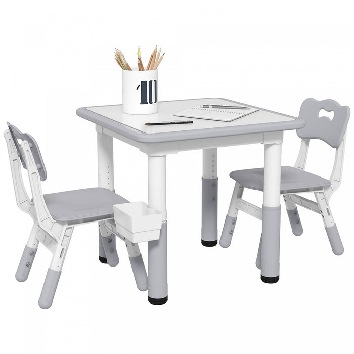 Qaba 3 Pieces Kids Table And Chair Set, Height Adjustable Toddler Table And Chair Set, Activity Table And Chair Set With Storage, For Playroom, Nursery, Classroom, Grey