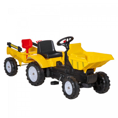 Aosom Ride On Toy Pedal Dump Truck, Front Loader Construction Tractor With Detachable Trailer, Yello|Aosom Camion A Benne Basculante Jouet, Tracteur De Construction, Chargeur Avant Avec Remorque Amovib