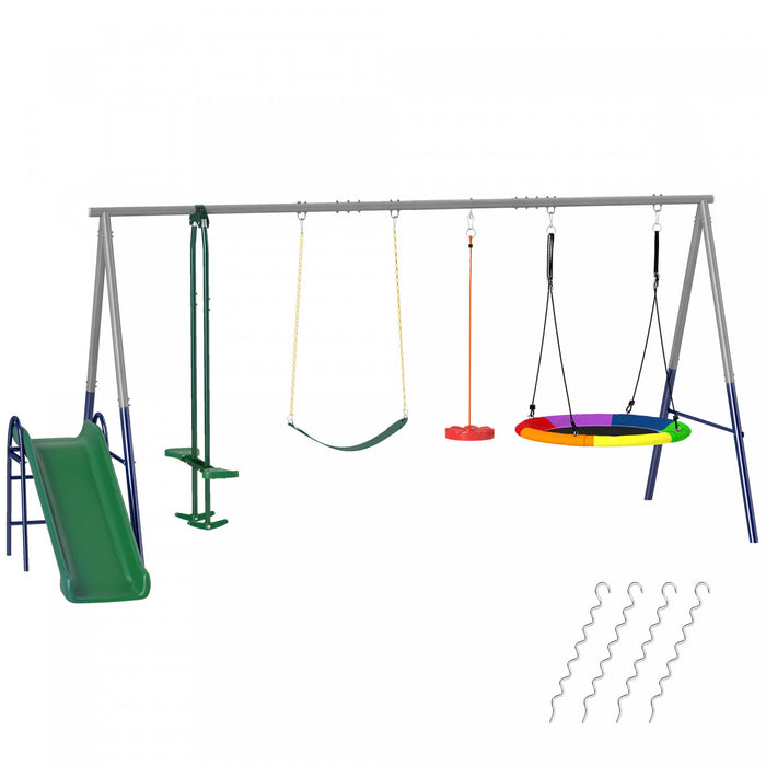Qaba 5-in-1 Swing Sets for Backyard, 770lbs Capacity Metal Outdoor Playset with A-Frame, Slide, Saucer Swing, Belt Swing, Glider and Standing Swing, Adjustable Height, Multicolour