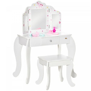 Qaba Kids Vanity Table & Stool Girls Dressing Set Make Up Desk With Tri-folding Mirrors Drawer Star & Heart Pattern White