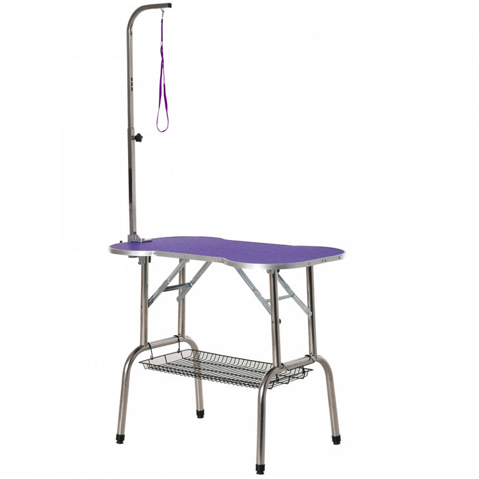 Pawhut 37\" Foldable Pet Grooming Table Dog Drying Table With Adjustable Arm Non-slip Rubber Tabletop Aluminium Alloy Edge Stainless Steel Bar Hanging Leash Purple