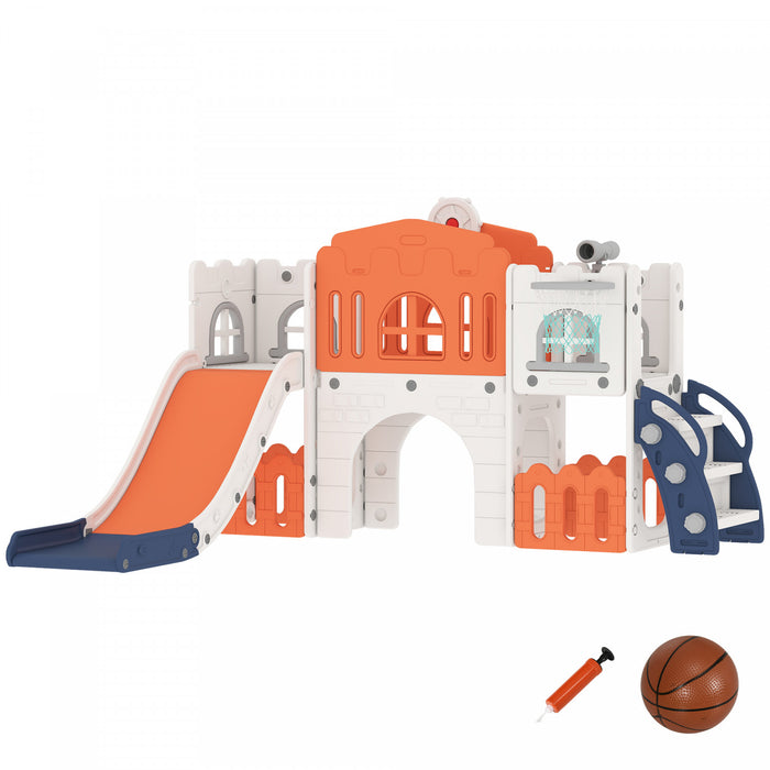 Qaba Toddler Slide, 9 in 1 Slide for Kids with Basketball Hoop, Climber, Telescope, Tunnel, Steering Wheel, Aisle, Storage Baskets, Indoor Slide Playset for 1-3 Years, Orange