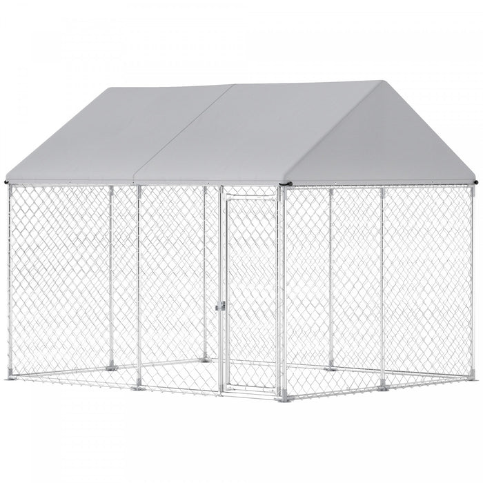 Pawhut Outdoor Dog Kennel With Roof, Heavy Duty Galvanized Steel Dog Run Chain Link W/ Waterproof Uv-resistant Cover, Safety Lockable Latch System, 9.2' X 7.5' X 7.2'
