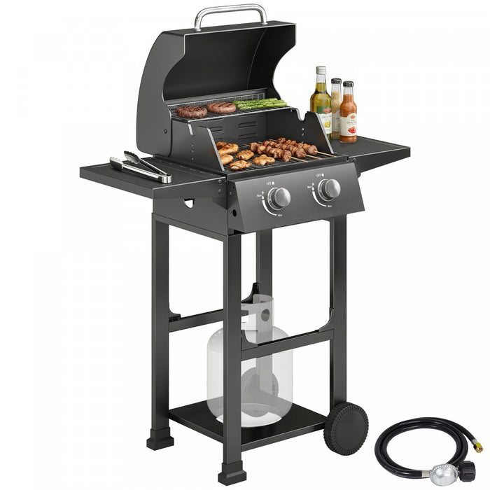 Outsunny 2 Burner Propane Gas Grill, 18,400 BTU Portable Natural Gas BBQ with Foldable Side Shelves, Wheels, Bottom Storage, Built-in Thermometer, Warming Rack, Black