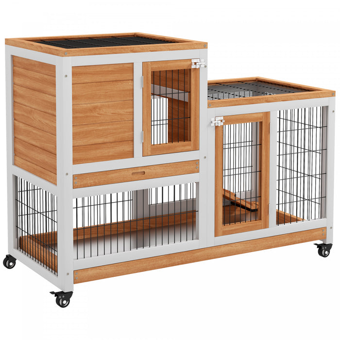 Pawhut Rabbit Hutch Indoor Bunny Cage Guinea Pig House On Wheels With Run, Pull Out Trays, Yellow