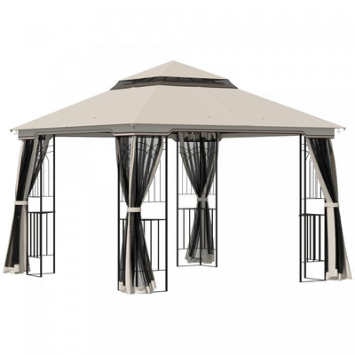Outsunny 10' X 10' Outdoor Patio Gazebo Canopy With Double Tier Roof, Removable Mesh Curtains, Displ|Outsunny 10' X 10' Tonnelle Pavillon Jardin Patio Terrasse Gazebo Exterieur Double Toit Avec Parois