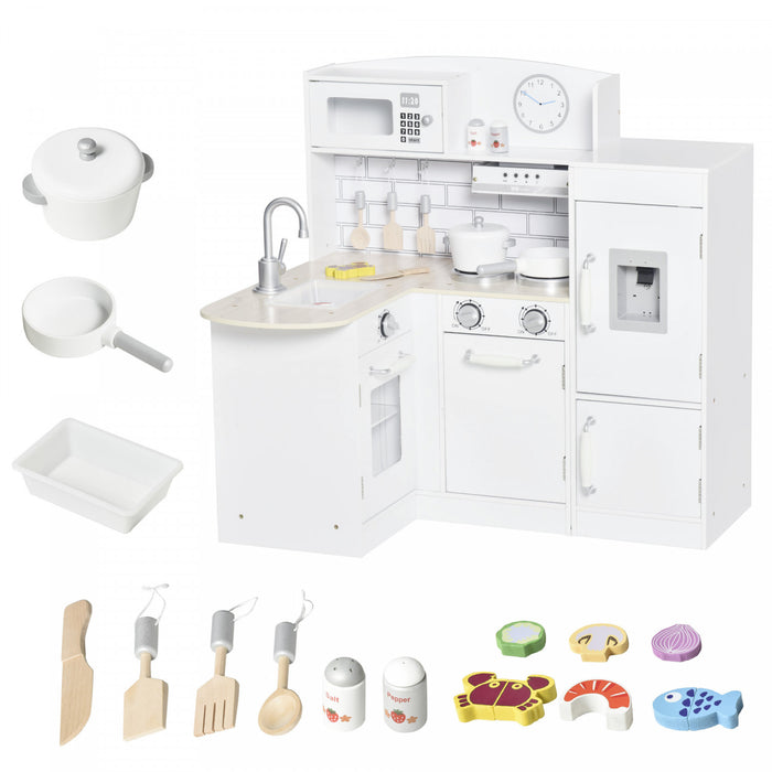 Qaba Kids Kitchen Play Cooking Toy Set For Children With Drinking Fountain, Microwave, And Fridge With Accessories - White