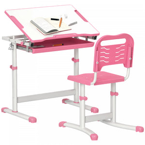 Qaba Kids Desk And Chair Set, Height Adjustable Study Table And Chair Set With Drawer, Pen Slot, Tiltable Desktop, Hook, Pink