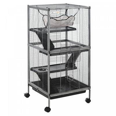 Pawhut 4-tier Rolling Small Animal Cage Pet Mink Chinchilla Small Cat Hutch Pet Play House With Hamm|Cage Pour Petits Animaux Portable Avec 2 Portes Hamac Metal Pp 52 X 52 X 113,5 Cm Gris